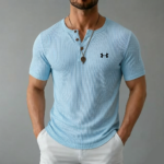 Men's Cotton Casual Soft Breathable Ribbed Button-Up Henley T-Shirt