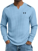 Men's Cotton Waffle Casual Gentleman V-Neck Long Sleeve T-Shirt