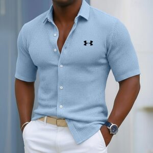Men's Cotton Waffle Casual Gentleman's Solid Color Short Sleeve Shirt