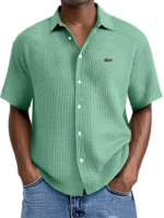 Men's Waffle Loose Lapel Casual Fashion Button Down Short Sleeve Shirt