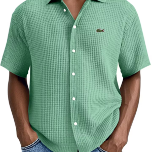 Men's Waffle Loose Lapel Casual Fashion Button Down Short Sleeve Shirt