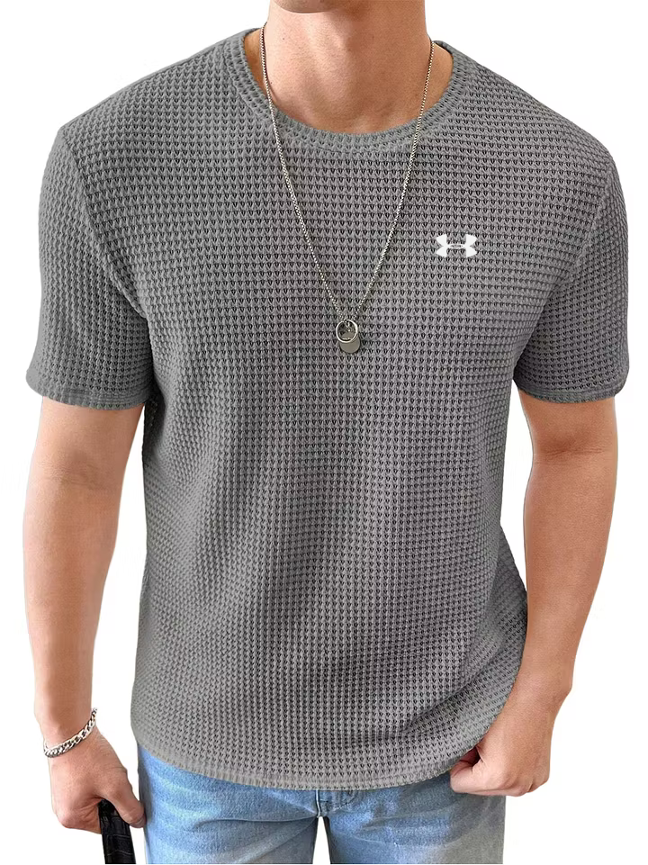Men's Waffle Breathable Mesh Slim Fit Casual Round Neck Short Sleeved T-Shirt